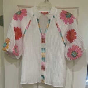 THML White Textured Blouse with Pink & Orange Floral Embroidery